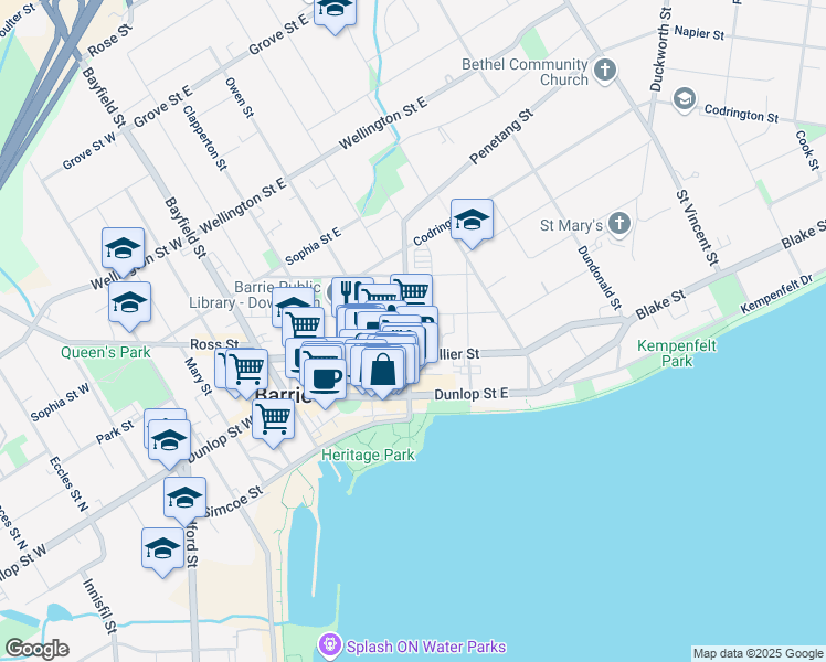 map of restaurants, bars, coffee shops, grocery stores, and more near 55 Mulcaster Street in Barrie