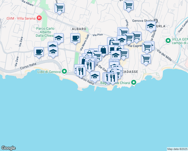 map of restaurants, bars, coffee shops, grocery stores, and more near 20A Via alla Torre dell'Amore in Genova