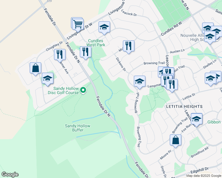 map of restaurants, bars, coffee shops, grocery stores, and more near Nine Mile Portage Heritage Trail in Barrie