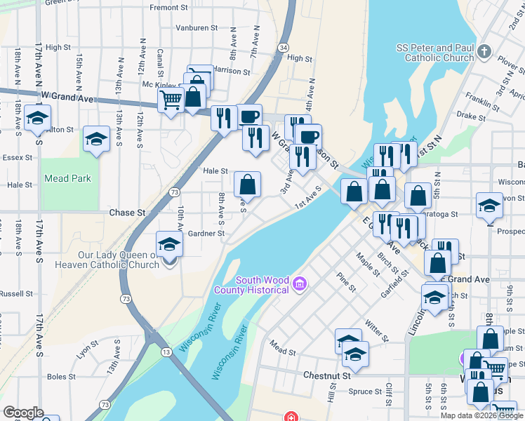 map of restaurants, bars, coffee shops, grocery stores, and more near 350 1st Avenue South in Wisconsin Rapids