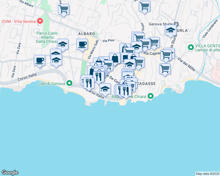 map of restaurants, bars, coffee shops, grocery stores, and more near 20A Via alla Torre dell'Amore in Genova