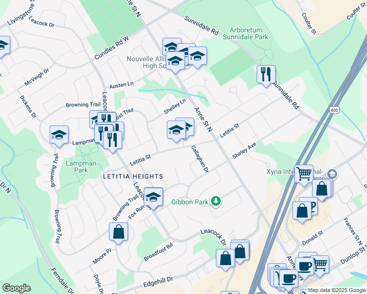 map of restaurants, bars, coffee shops, grocery stores, and more near Letitia Street in Barrie