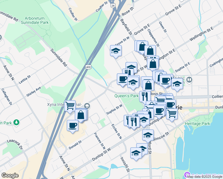 map of restaurants, bars, coffee shops, grocery stores, and more near in Barrie