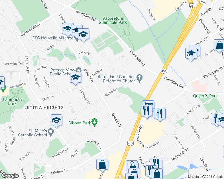 map of restaurants, bars, coffee shops, grocery stores, and more near in Barrie