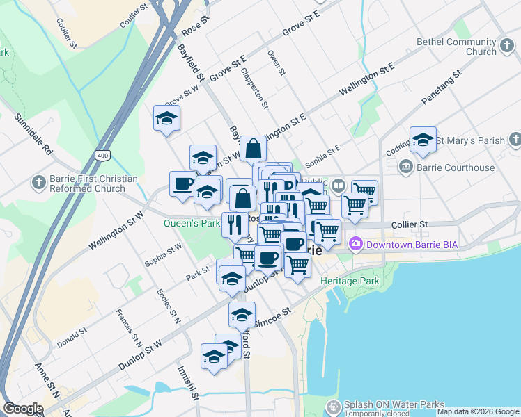 map of restaurants, bars, coffee shops, grocery stores, and more near 85 Maple Avenue in Barrie