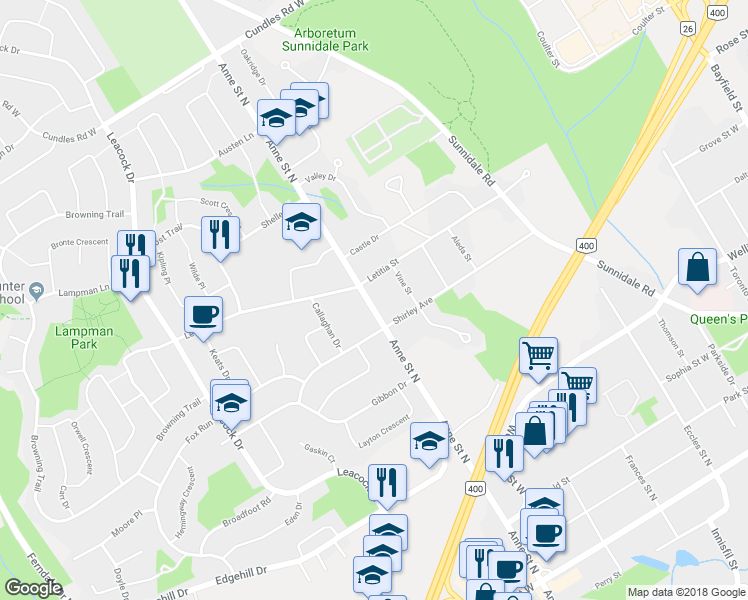 map of restaurants, bars, coffee shops, grocery stores, and more near 169 Anne Street North in Barrie