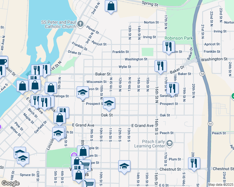 map of restaurants, bars, coffee shops, grocery stores, and more near 321 12th Street South in Wisconsin Rapids