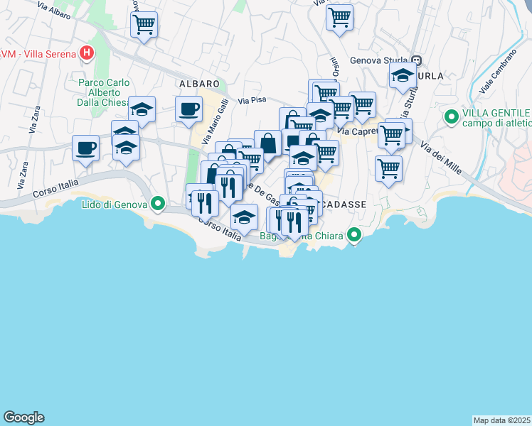 map of restaurants, bars, coffee shops, grocery stores, and more near 20A Via alla Torre dell'Amore in Genova