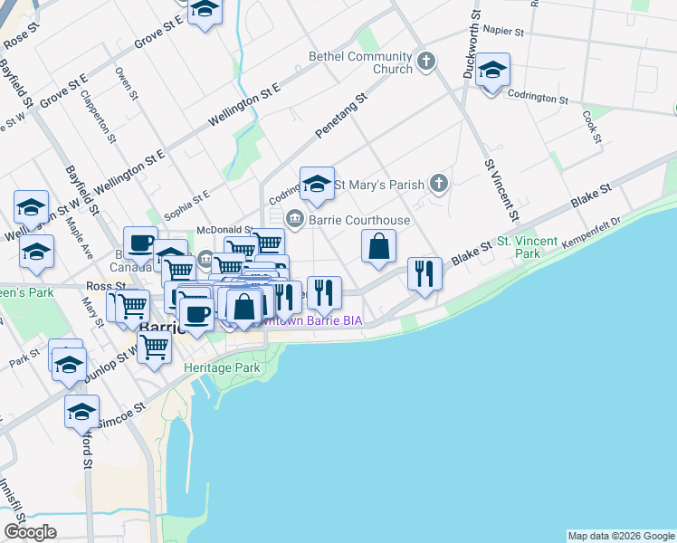 map of restaurants, bars, coffee shops, grocery stores, and more near 34 Berczy Street in Barrie