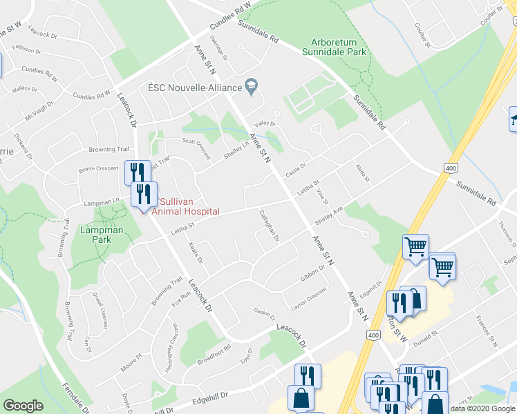 map of restaurants, bars, coffee shops, grocery stores, and more near Letitia Street in Barrie