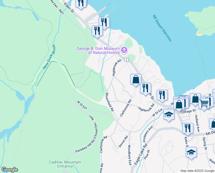 map of restaurants, bars, coffee shops, grocery stores, and more near 5 Bloomfield Road in Bar Harbor