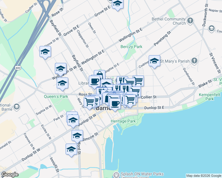 map of restaurants, bars, coffee shops, grocery stores, and more near 60 Owen Street in Barrie