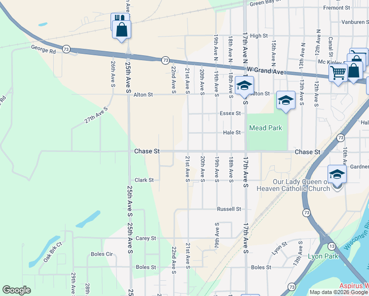 map of restaurants, bars, coffee shops, grocery stores, and more near 2110 Chase Street in Wisconsin Rapids