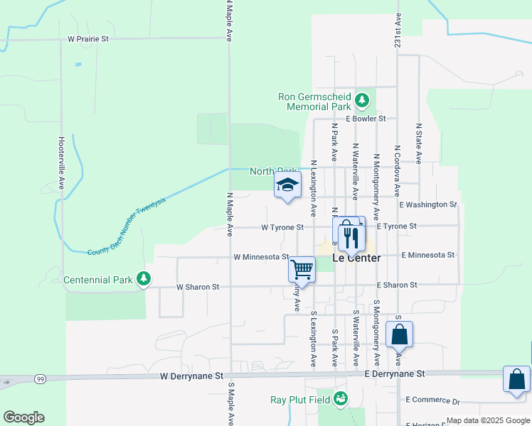 map of restaurants, bars, coffee shops, grocery stores, and more near 150 Mill Avenue in Le Center