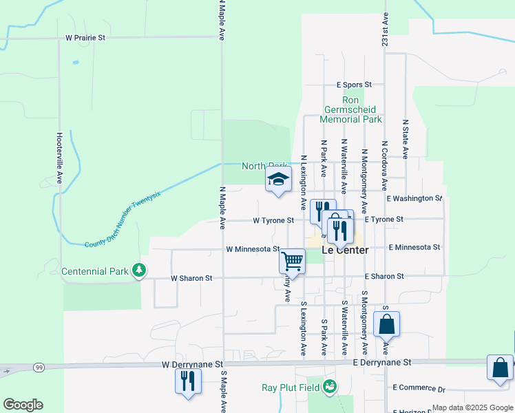 map of restaurants, bars, coffee shops, grocery stores, and more near 150 Mill Avenue in Le Center