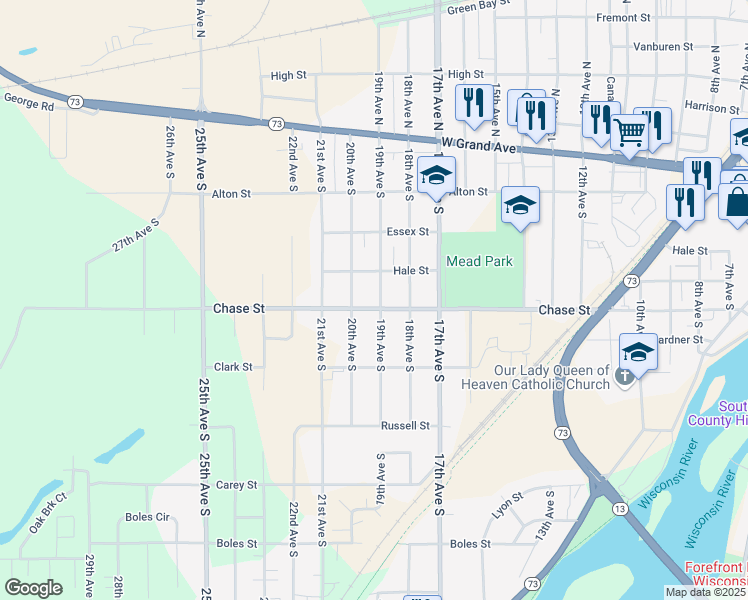 map of restaurants, bars, coffee shops, grocery stores, and more near 1910 Chase Street in Wisconsin Rapids