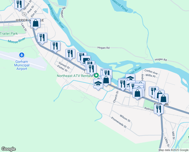 map of restaurants, bars, coffee shops, grocery stores, and more near 185 Main Street in Gorham
