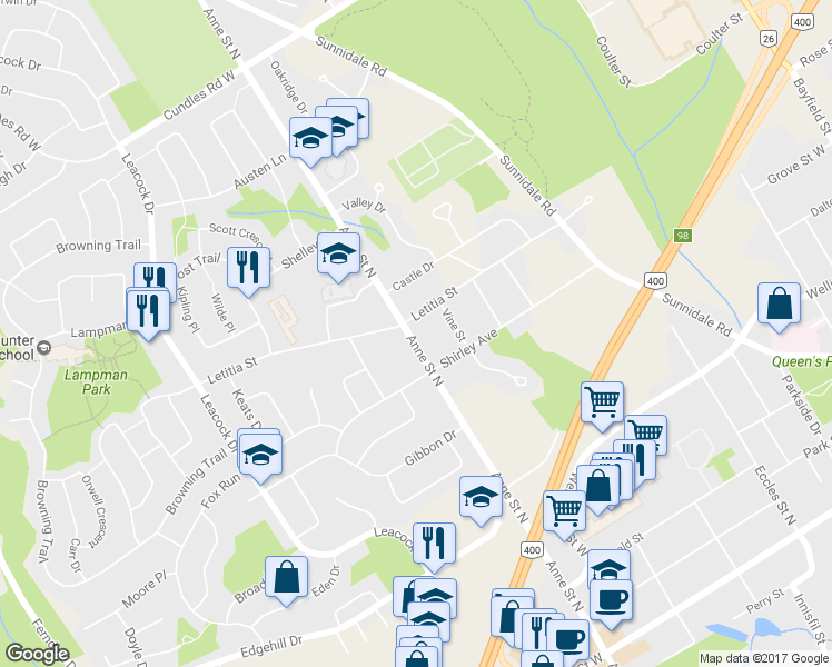 map of restaurants, bars, coffee shops, grocery stores, and more near 170 Anne Street North in Barrie