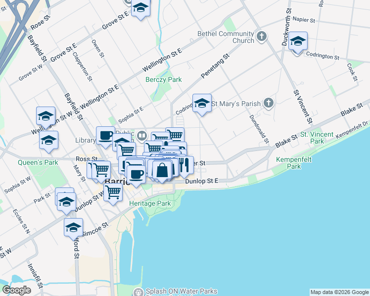 map of restaurants, bars, coffee shops, grocery stores, and more near 111 Worsley Street in Barrie