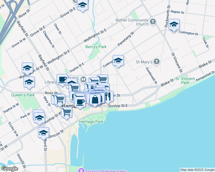map of restaurants, bars, coffee shops, grocery stores, and more near in Barrie