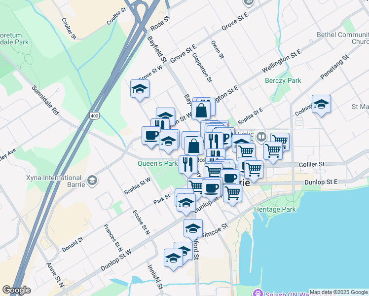 map of restaurants, bars, coffee shops, grocery stores, and more near 36 Sophia Street West in Barrie