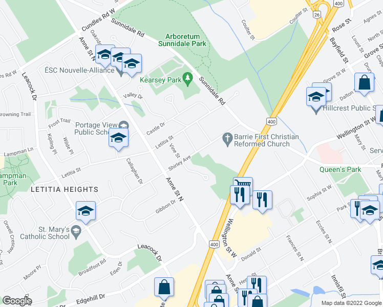 map of restaurants, bars, coffee shops, grocery stores, and more near in Barrie