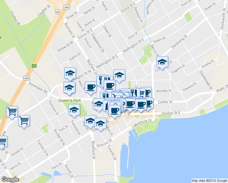 map of restaurants, bars, coffee shops, grocery stores, and more near 21 Worsley Street in Barrie