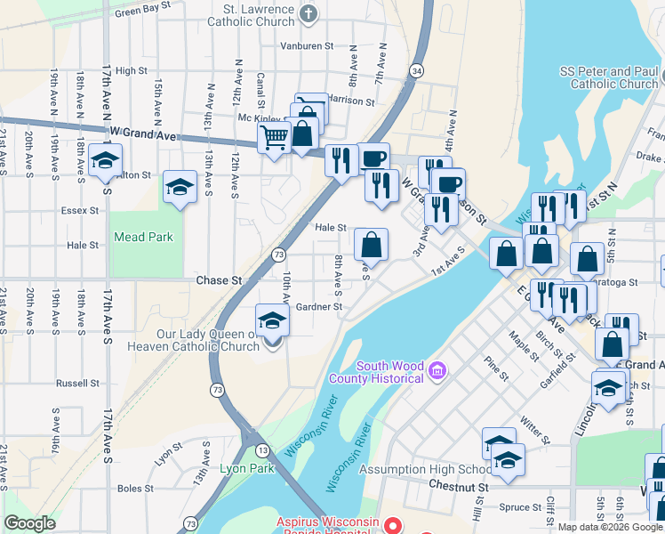 map of restaurants, bars, coffee shops, grocery stores, and more near 430 8th Avenue South in Wisconsin Rapids