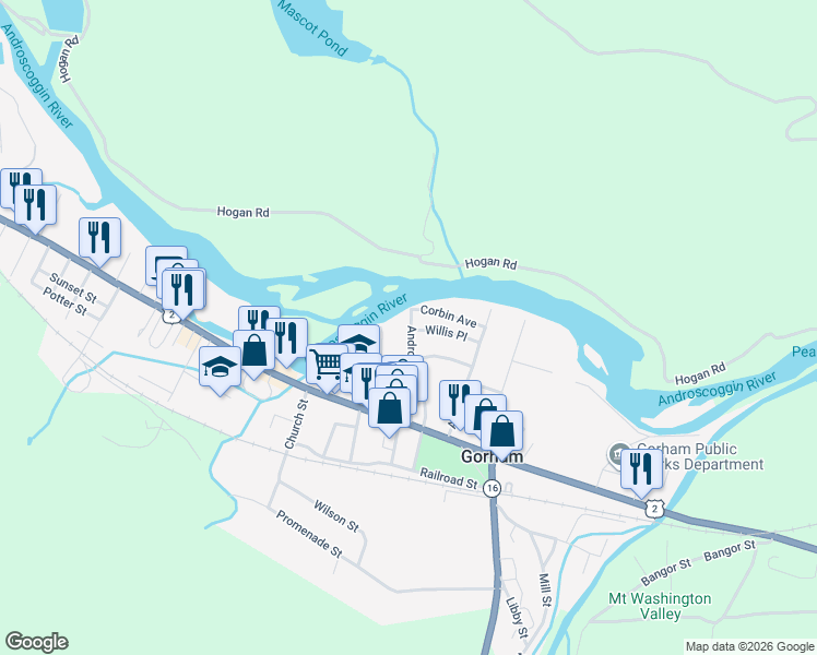 map of restaurants, bars, coffee shops, grocery stores, and more near 18 Mechanic Street in Gorham