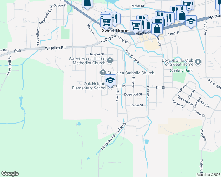 map of restaurants, bars, coffee shops, grocery stores, and more near 605 Elm Street in Sweet Home