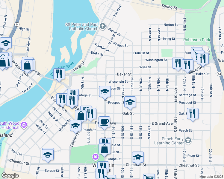 map of restaurants, bars, coffee shops, grocery stores, and more near 240 9th Street North in Wisconsin Rapids