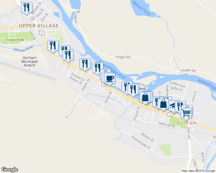 map of restaurants, bars, coffee shops, grocery stores, and more near 195 Main Street in Gorham
