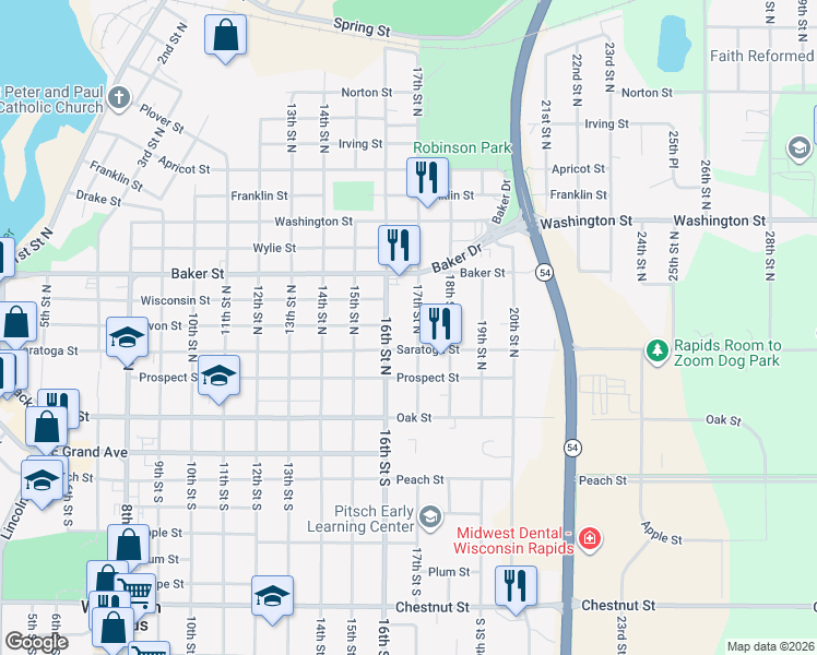 map of restaurants, bars, coffee shops, grocery stores, and more near 240 16th Street North in Wisconsin Rapids