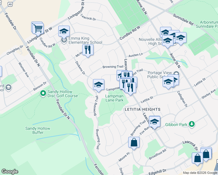 map of restaurants, bars, coffee shops, grocery stores, and more near 44 Lampman Lane in Barrie