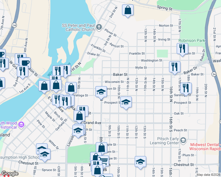 map of restaurants, bars, coffee shops, grocery stores, and more near 401 9th Street North in Wisconsin Rapids