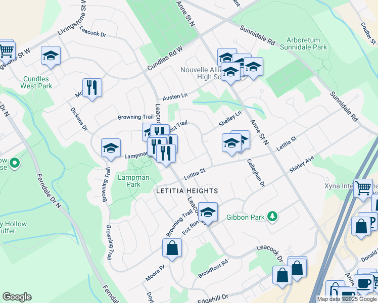 map of restaurants, bars, coffee shops, grocery stores, and more near 12 Wilde Place in Barrie