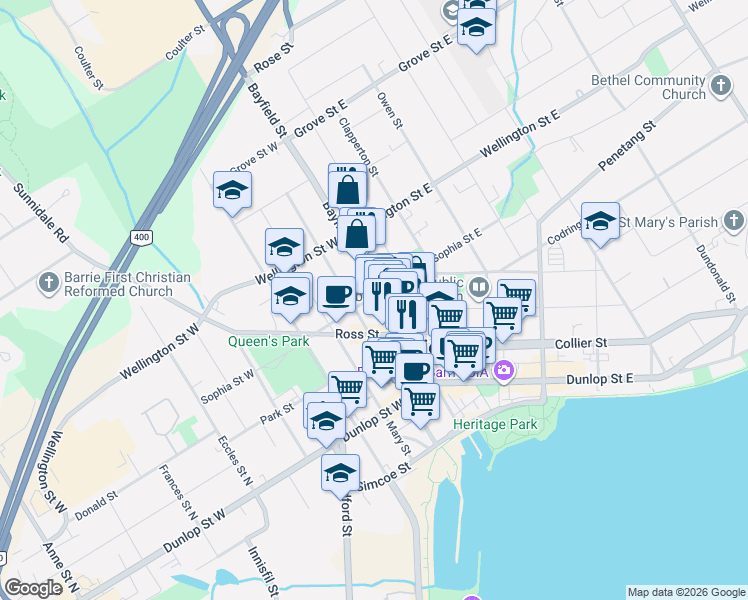 map of restaurants, bars, coffee shops, grocery stores, and more near in Barrie
