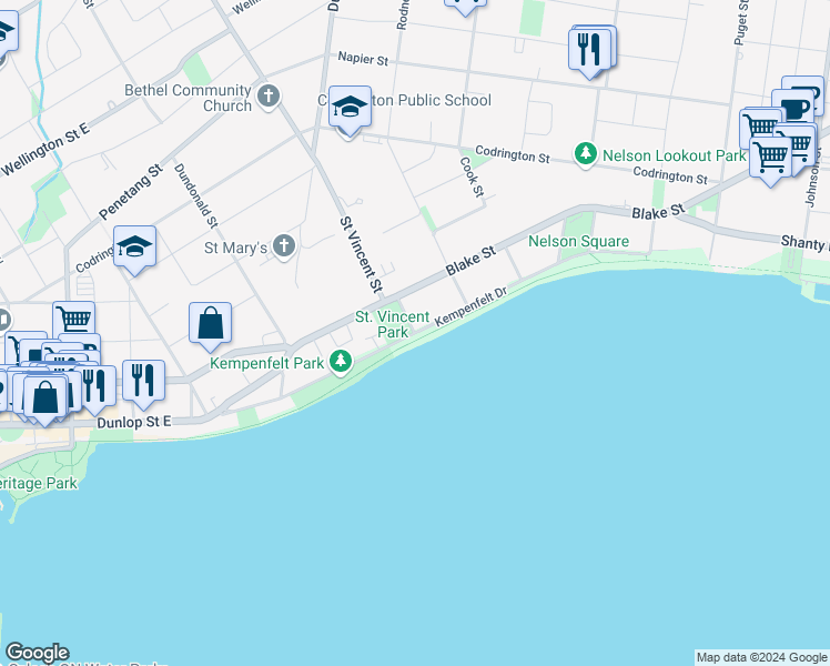 map of restaurants, bars, coffee shops, grocery stores, and more near Kempenfelt Drive in Barrie