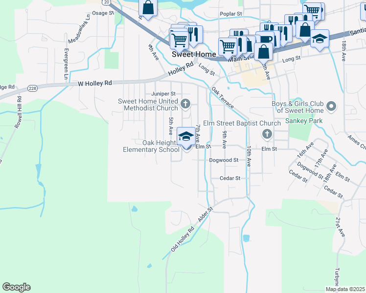 map of restaurants, bars, coffee shops, grocery stores, and more near 605 Elm Street in Sweet Home