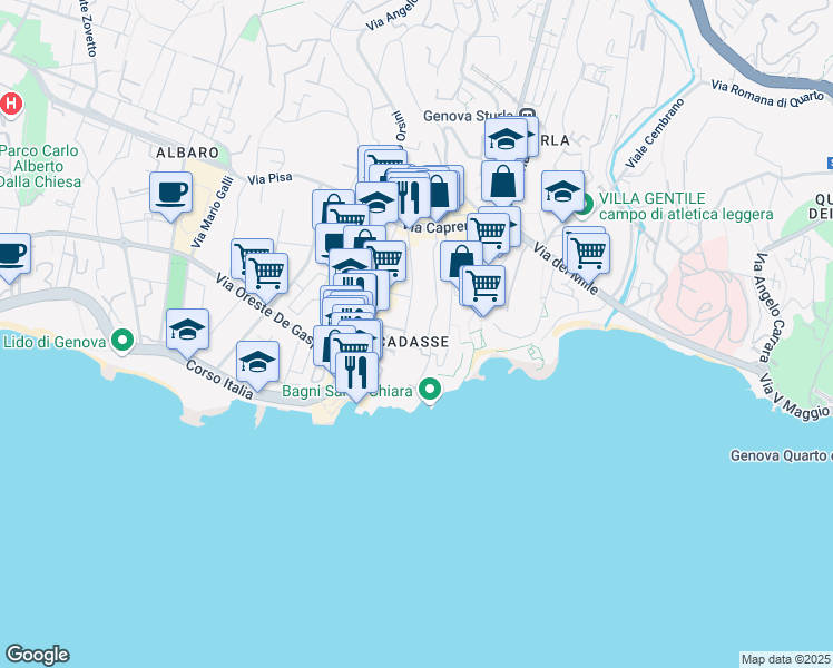 map of restaurants, bars, coffee shops, grocery stores, and more near 12 Via Al Capo di Santa Chiara in Genoa
