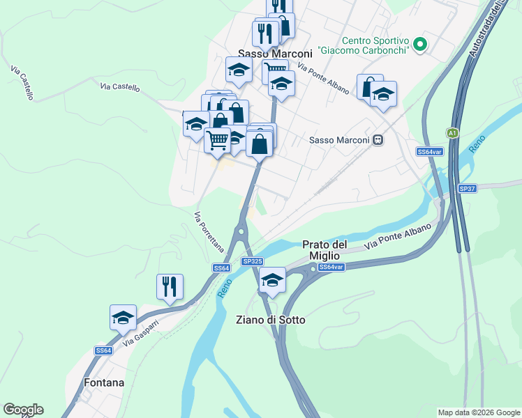 map of restaurants, bars, coffee shops, grocery stores, and more near 6 Via Carlo e Ada Bettini in Sasso Marconi