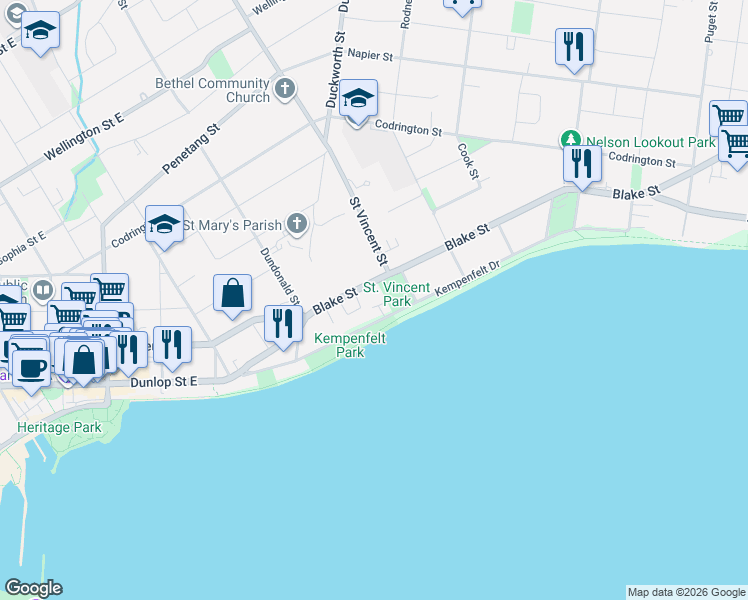 map of restaurants, bars, coffee shops, grocery stores, and more near 51 Blake Street in Barrie