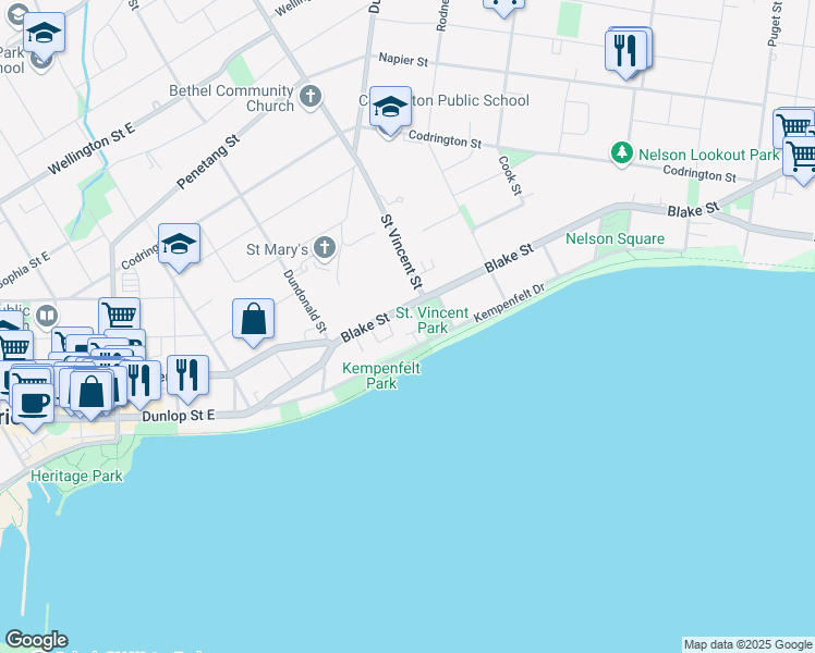 map of restaurants, bars, coffee shops, grocery stores, and more near 51 Blake Street in Barrie
