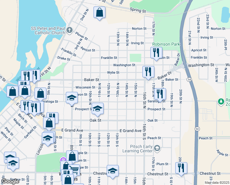 map of restaurants, bars, coffee shops, grocery stores, and more near 511 13th Street North in Wisconsin Rapids
