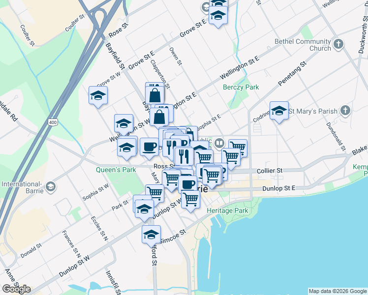 map of restaurants, bars, coffee shops, grocery stores, and more near 14 Worsley Street in Barrie