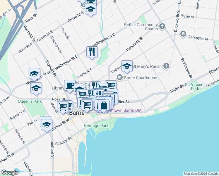 map of restaurants, bars, coffee shops, grocery stores, and more near Mulcaster Street in Barrie