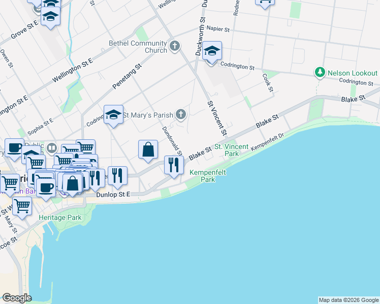 map of restaurants, bars, coffee shops, grocery stores, and more near 16 Blake Street in Barrie
