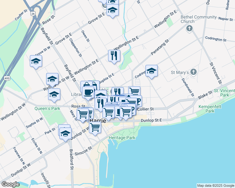 map of restaurants, bars, coffee shops, grocery stores, and more near in Barrie