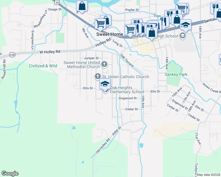 map of restaurants, bars, coffee shops, grocery stores, and more near 500 7th Avenue in Sweet Home