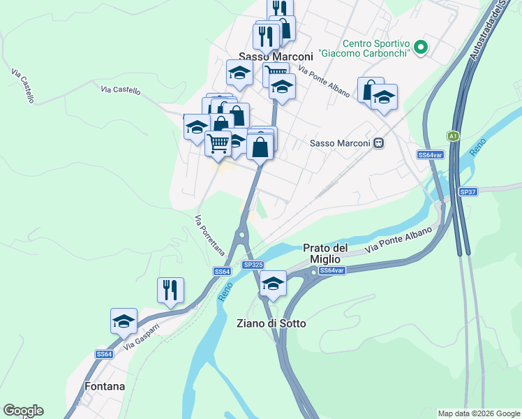 map of restaurants, bars, coffee shops, grocery stores, and more near Via Aldo e Carlo Bettini in Sasso Marconi